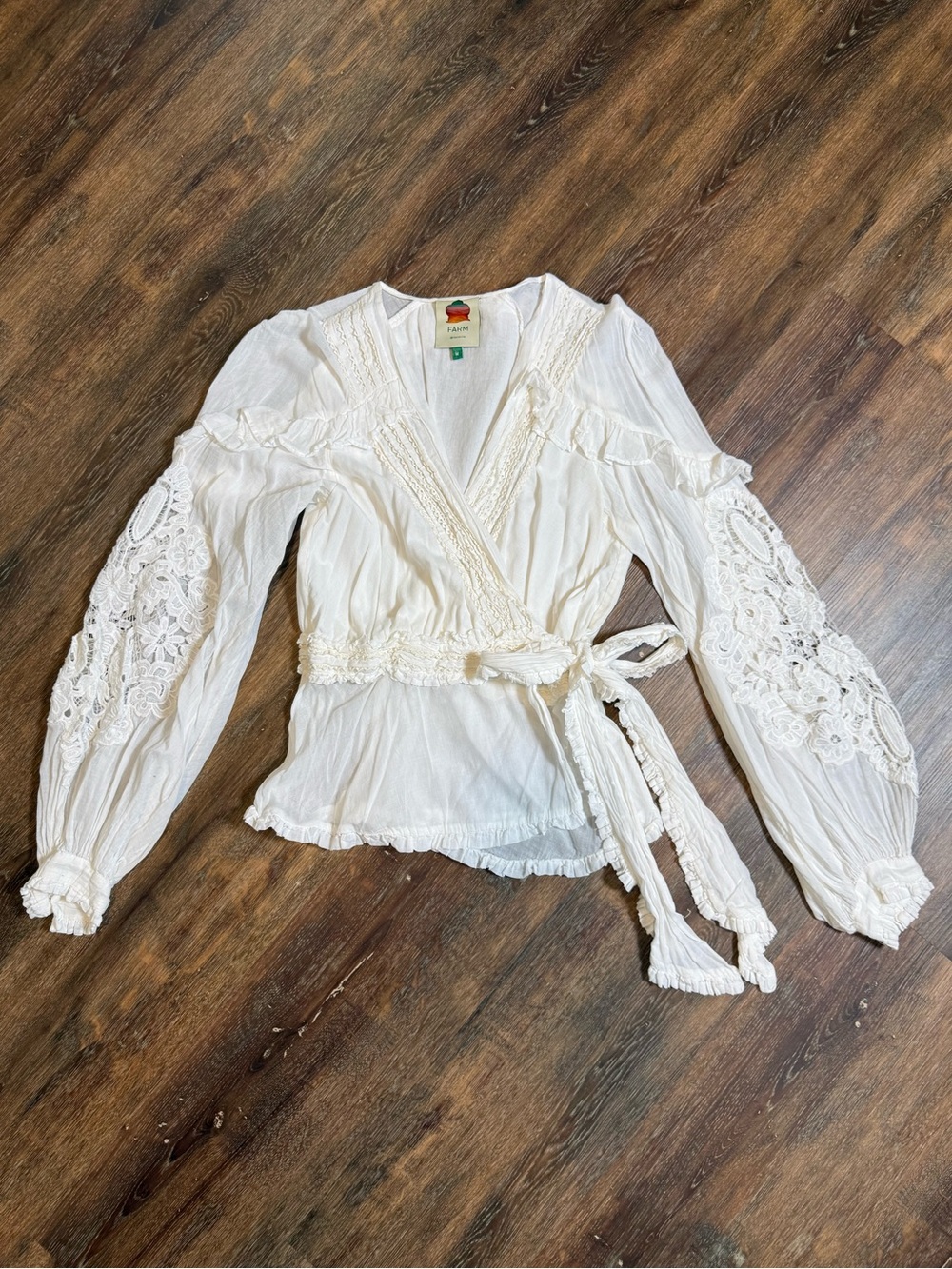 Farm Rio | Lace Wrap Blouse Boho Peasant Top Long Sleeve | White | Size M